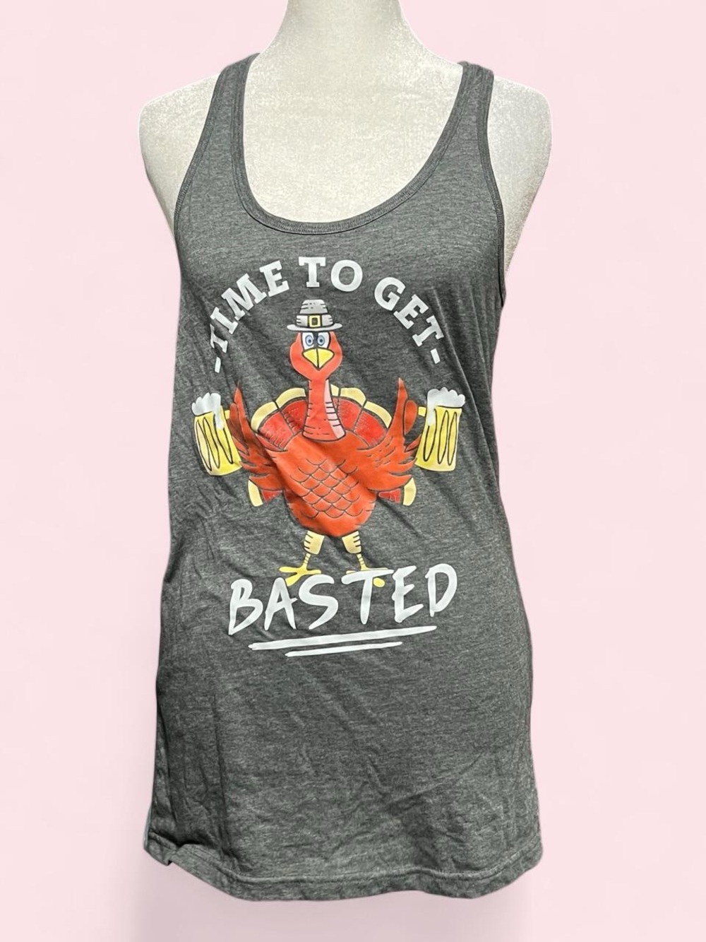Large Gray "Time to Get Basted" Turkey Graphic Tank Top